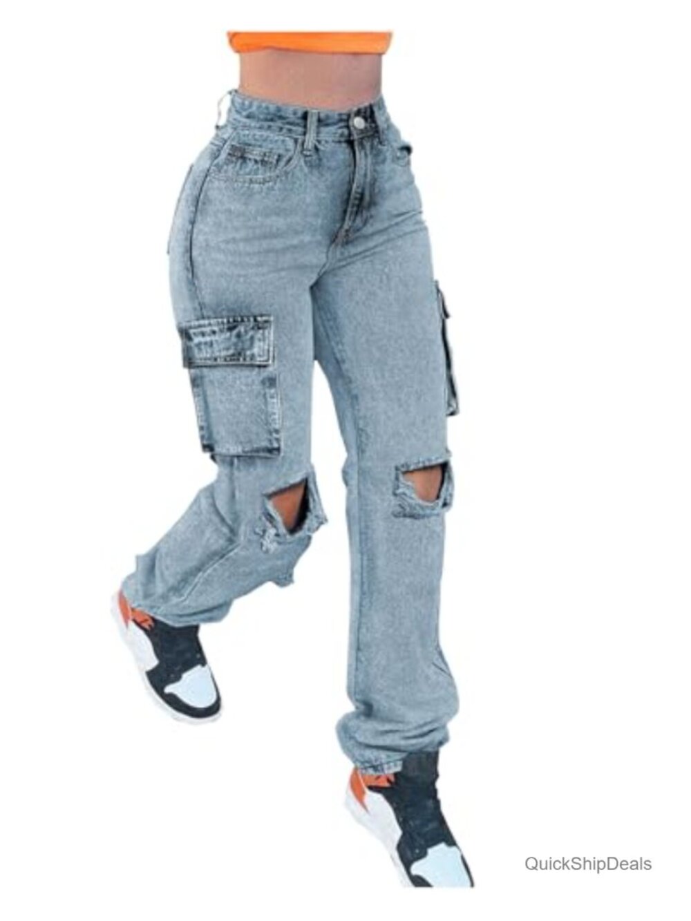 Women's High Waisted Distressed Ripped Cargo Jeans Straight Leg Stretch Denim